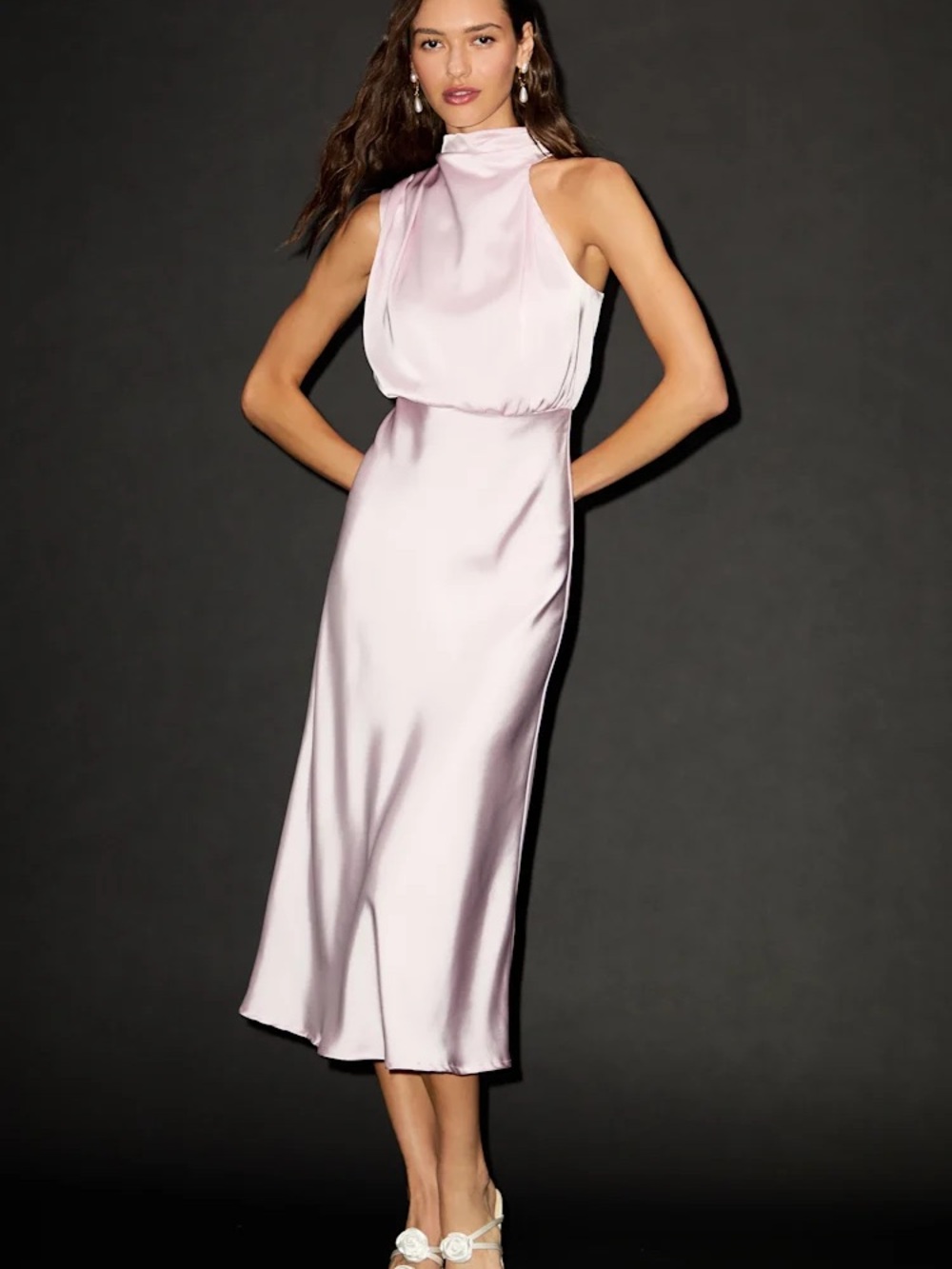 Lulu's Blush Pink Satin High-Neck Midi Dress